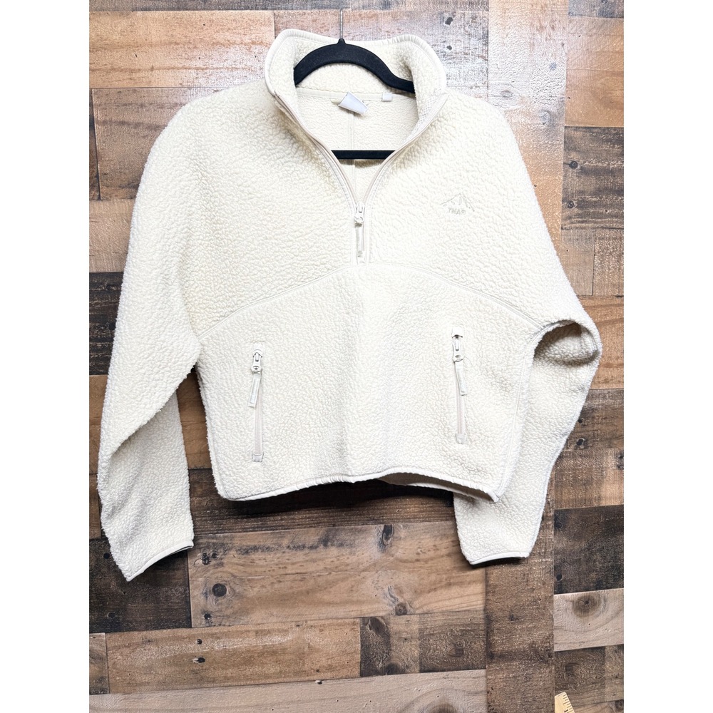TNA Aritzia Polar Fleece Quarter Zip Pullover Cream White Small Mountain Logo